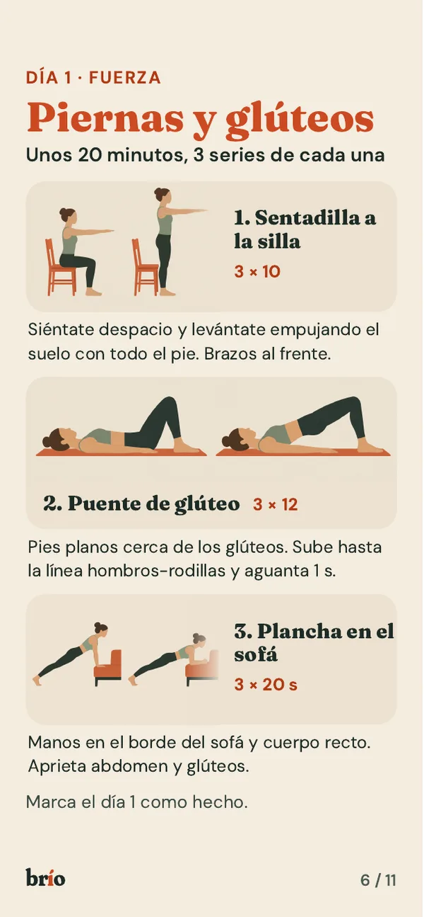 Página del día 1, Piernas y glúteos, con tres ejercicios dibujados