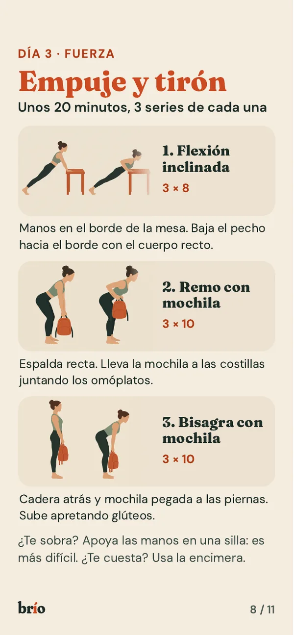 Página del día 3, Empuje y tirón, con tres ejercicios dibujados