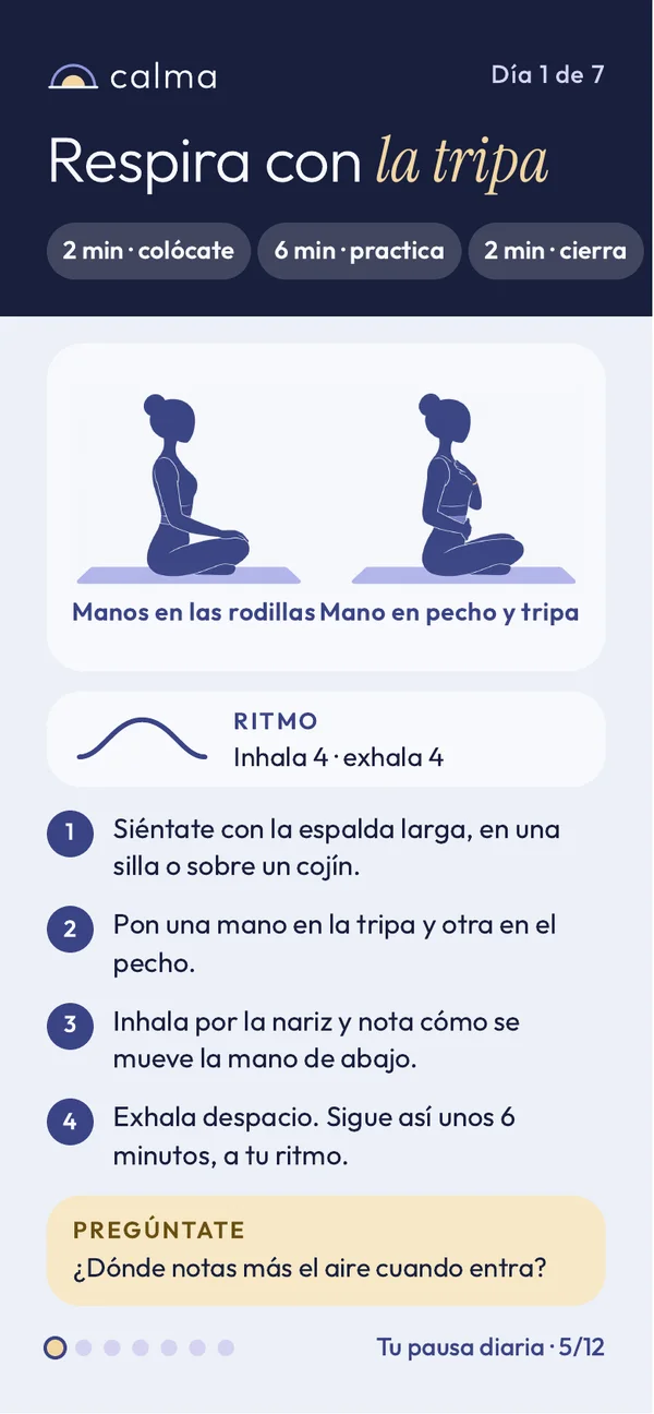 Página 5 de 12. Día 1: respira con la tripa, con dos posturas dibujadas