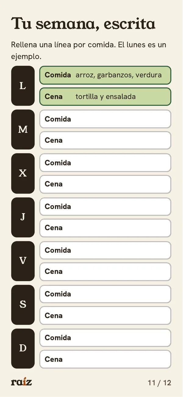 Página 11 de 12 de la guía de Raíz. Tu semana, escrita
