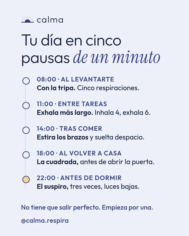 Post 2 de Calma. Tu día en cinco pausas de un minuto, una línea de tiempo con cinco respiraciones