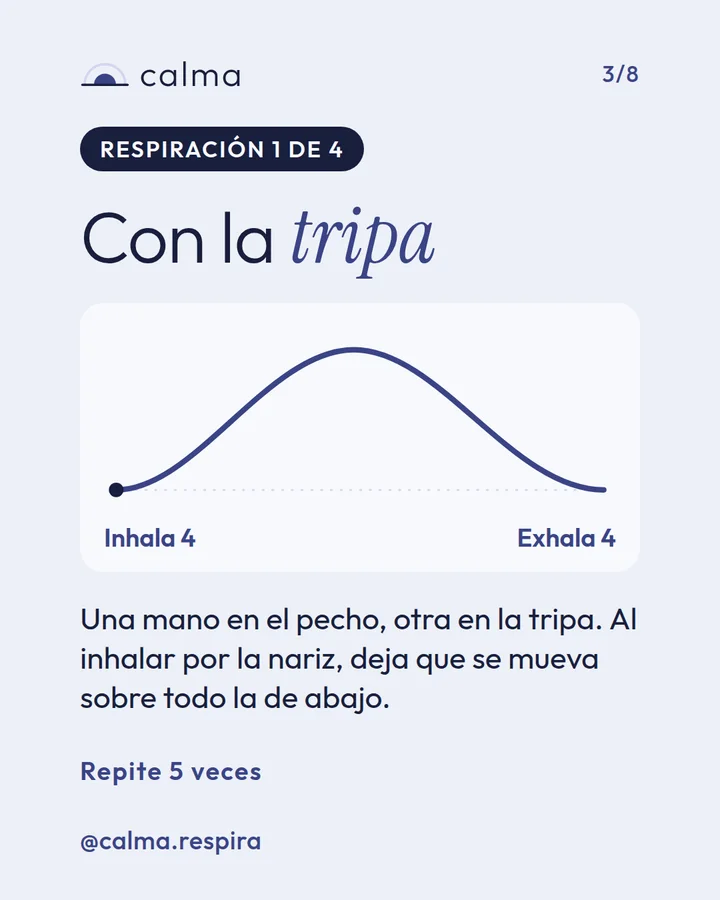 Diapositiva 3 de 8 del carrusel de Calma. Respiración 1 de 4: con la tripa
