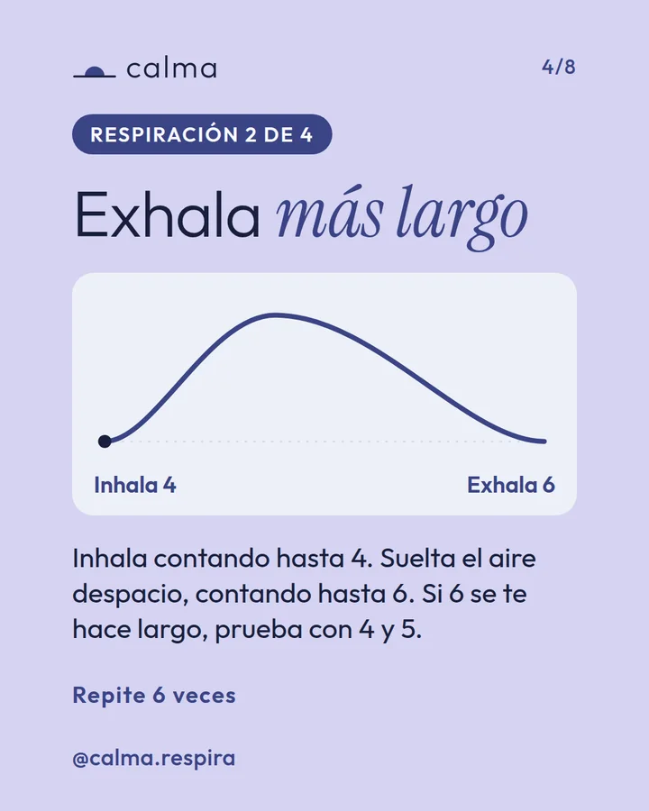 Diapositiva 4 de 8 del carrusel de Calma. Respiración 2 de 4: exhalar más largo