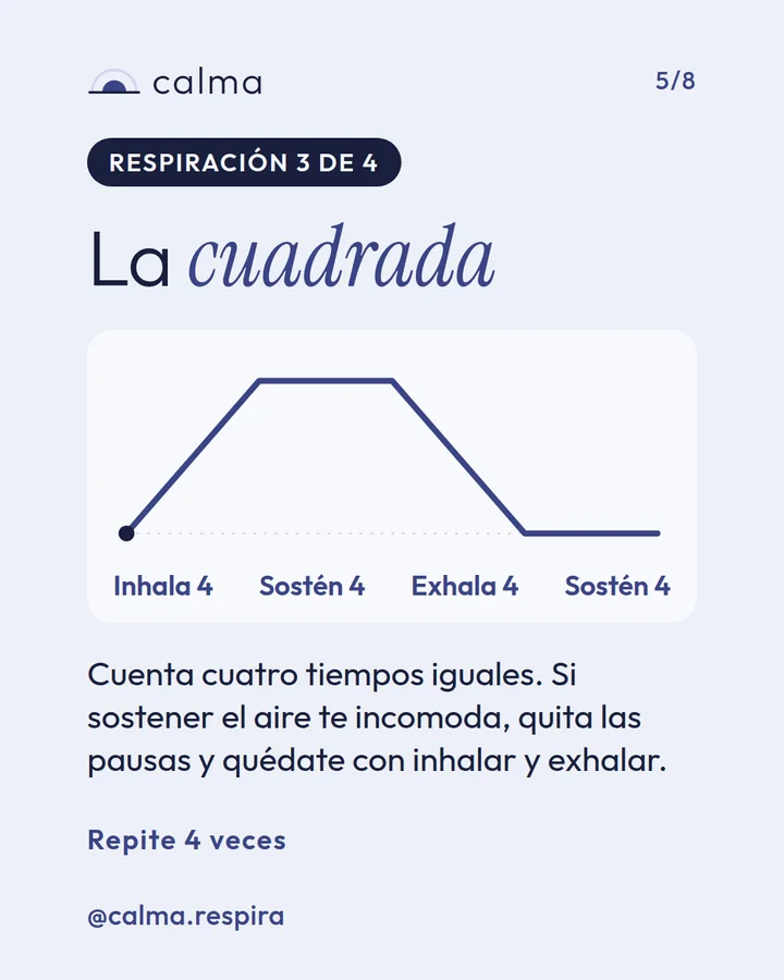 Diapositiva 5 de 8 del carrusel de Calma. Respiración 3 de 4: la cuadrada