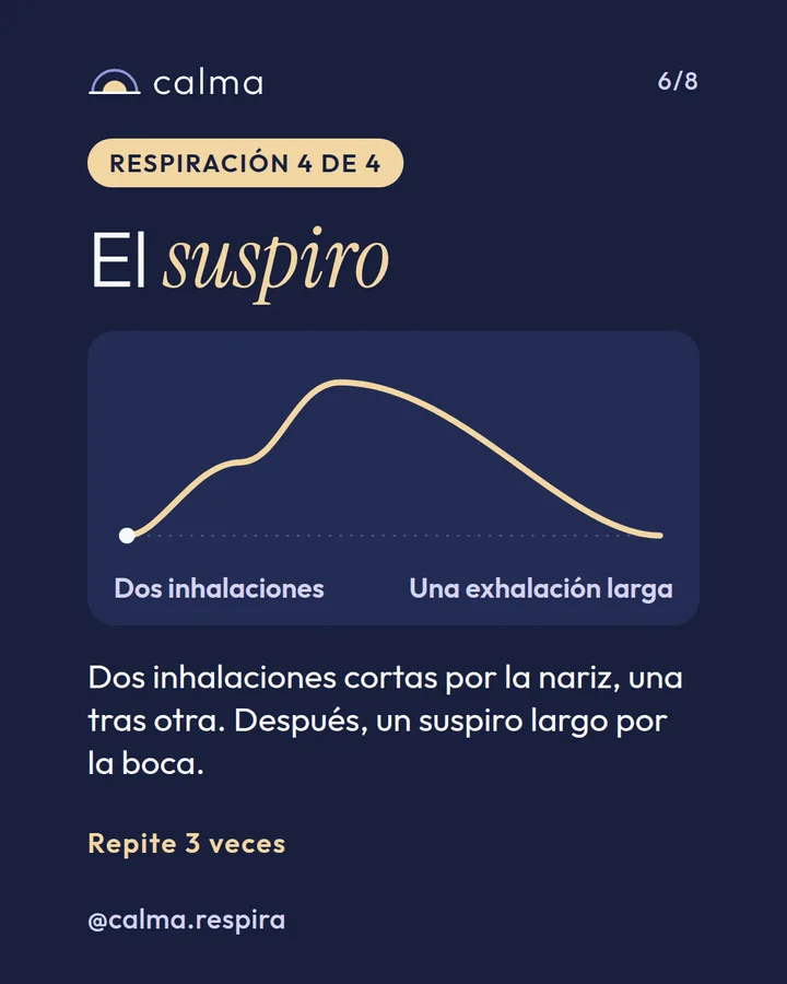 Diapositiva 6 de 8 del carrusel de Calma. Respiración 4 de 4: el suspiro