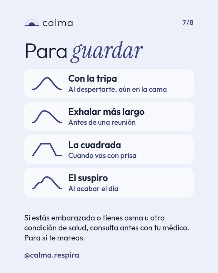 Diapositiva 7 de 8 del carrusel de Calma. Resumen para guardar, con aviso de precaución
