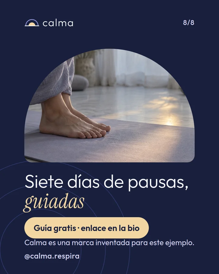Diapositiva 8 de 8 del carrusel de Calma. Llamada a la acción: guía gratis, enlace en la bio