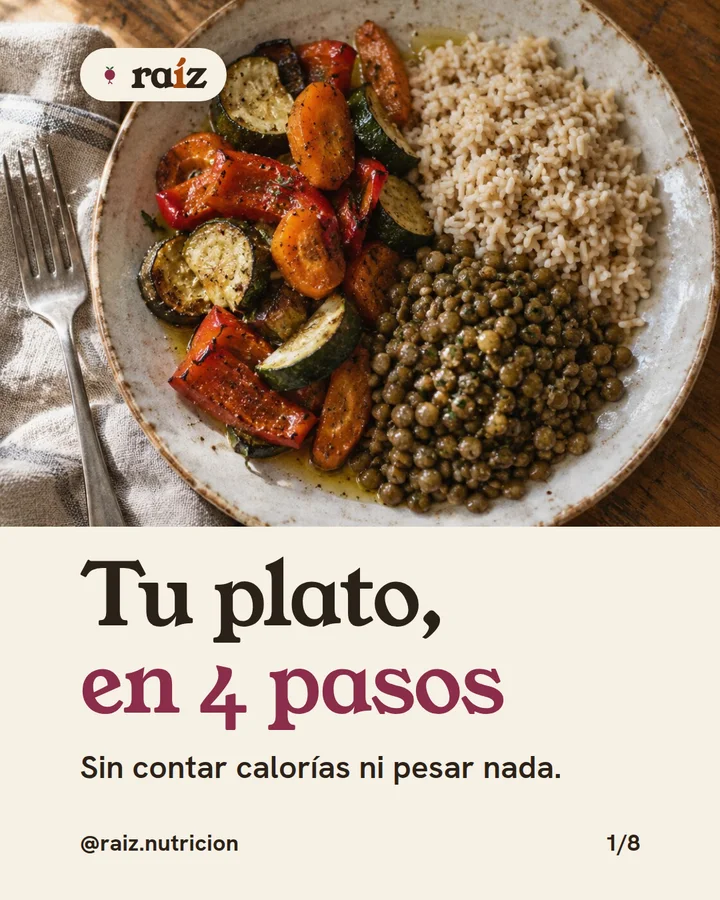 Diapositiva 1 de 8 del carrusel de Raíz. Portada: Tu plato, en 4 pasos