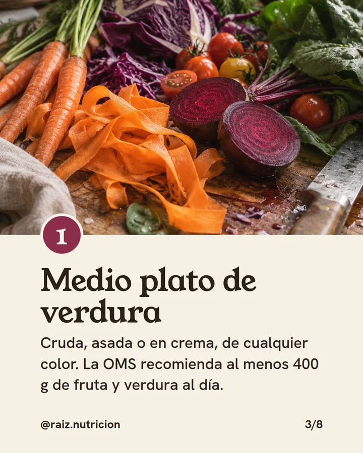 Diapositiva 3 de 8 del carrusel de Raíz. Paso 1, medio plato de verdura