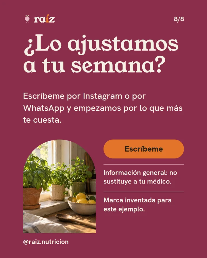 Diapositiva 8 de 8 del carrusel de Raíz. Cierre: ¿lo ajustamos a tu semana?