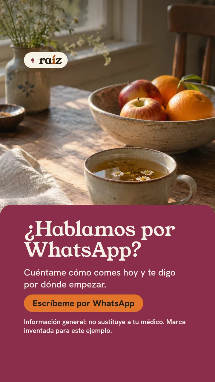 Story 3 de Raíz: llamada a hablar por WhatsApp, con el aviso de marca inventada