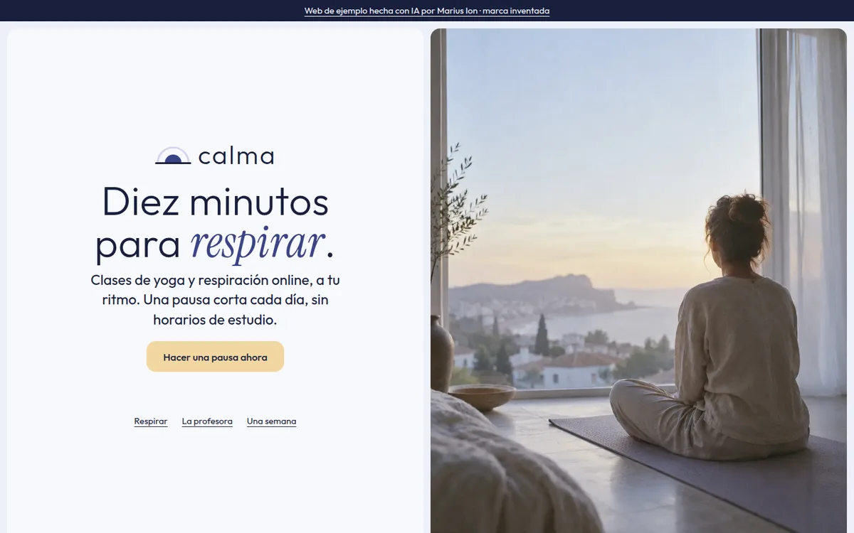 Web de Calma en el ordenador: Diez minutos para respirar, junto a una mujer sentada de espaldas ante una ventana