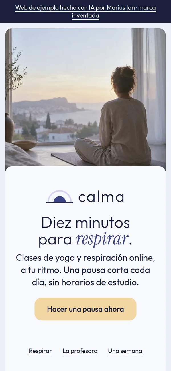 Web de Calma en el móvil: foto de una mujer sentada de espaldas, titular y botón Hacer una pausa ahora
