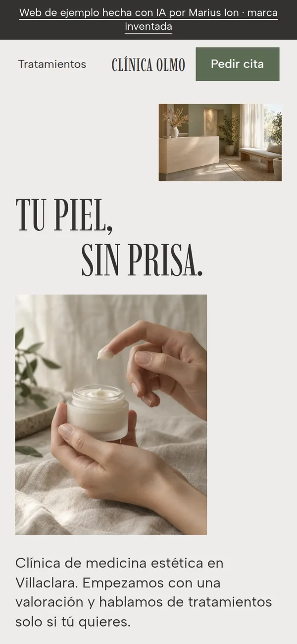 Web de Clínica Olmo en el móvil: titular, foto de unas manos con crema y botón Pedir cita