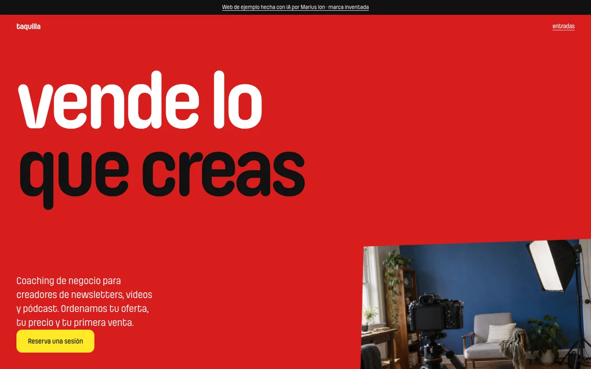 Web de Taquilla en el ordenador: vende lo que creas, en rojo, con una foto de un estudio