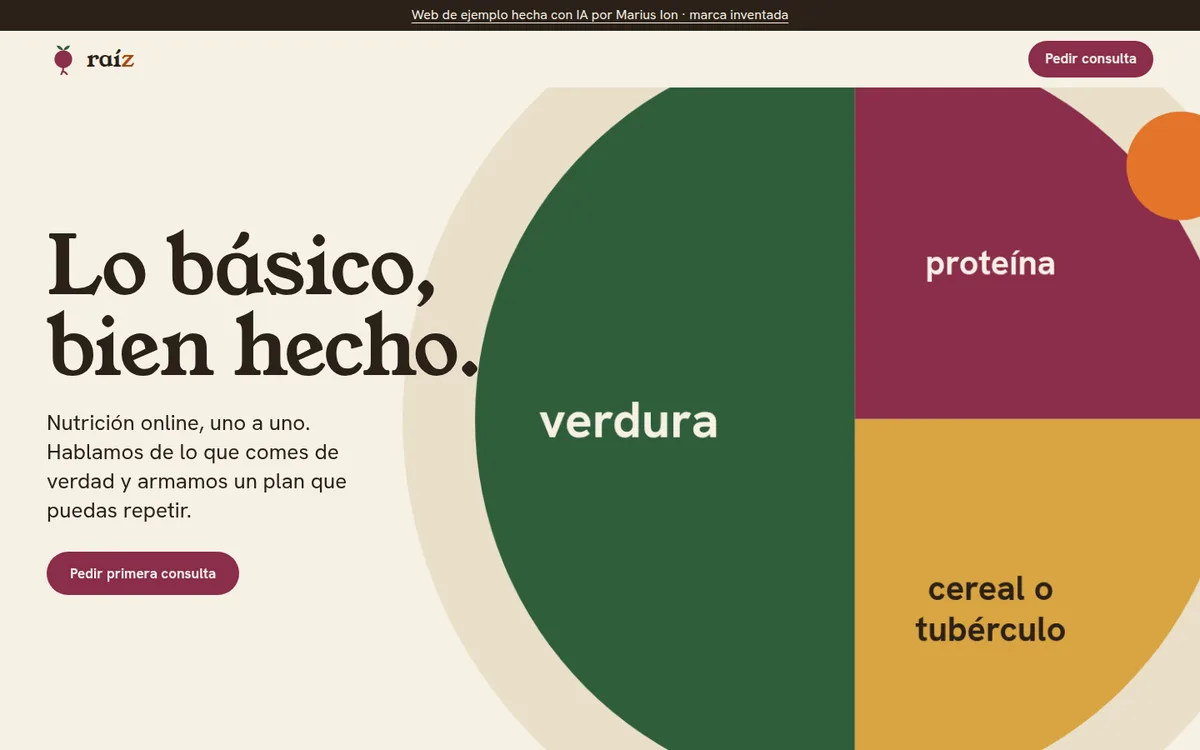 Web de Raíz en el ordenador: Lo básico, bien hecho, junto a un plato dividido en verdura, proteína y cereal