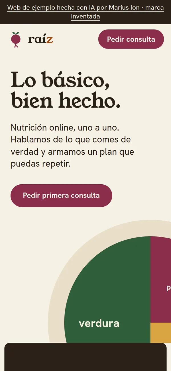Web de Raíz en el móvil: titular, texto y botón Pedir primera consulta