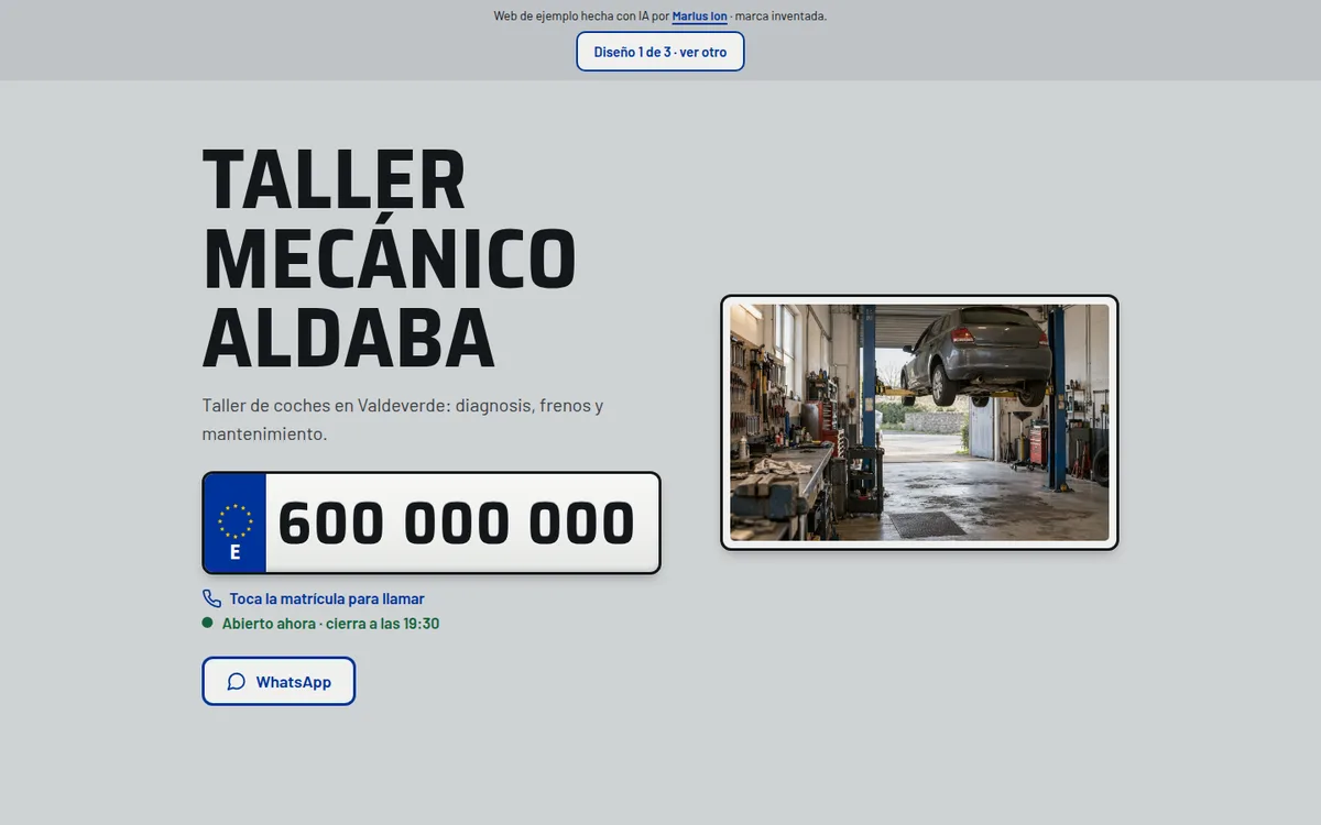 Web del Taller Mecánico Aldaba en el ordenador: titular, teléfono como matrícula y foto de un taller