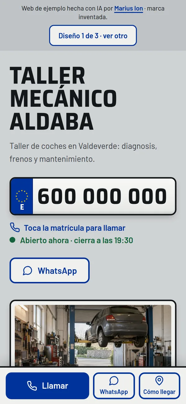 Web del Taller Mecánico Aldaba en el móvil: titular, matrícula con el teléfono y botón de WhatsApp